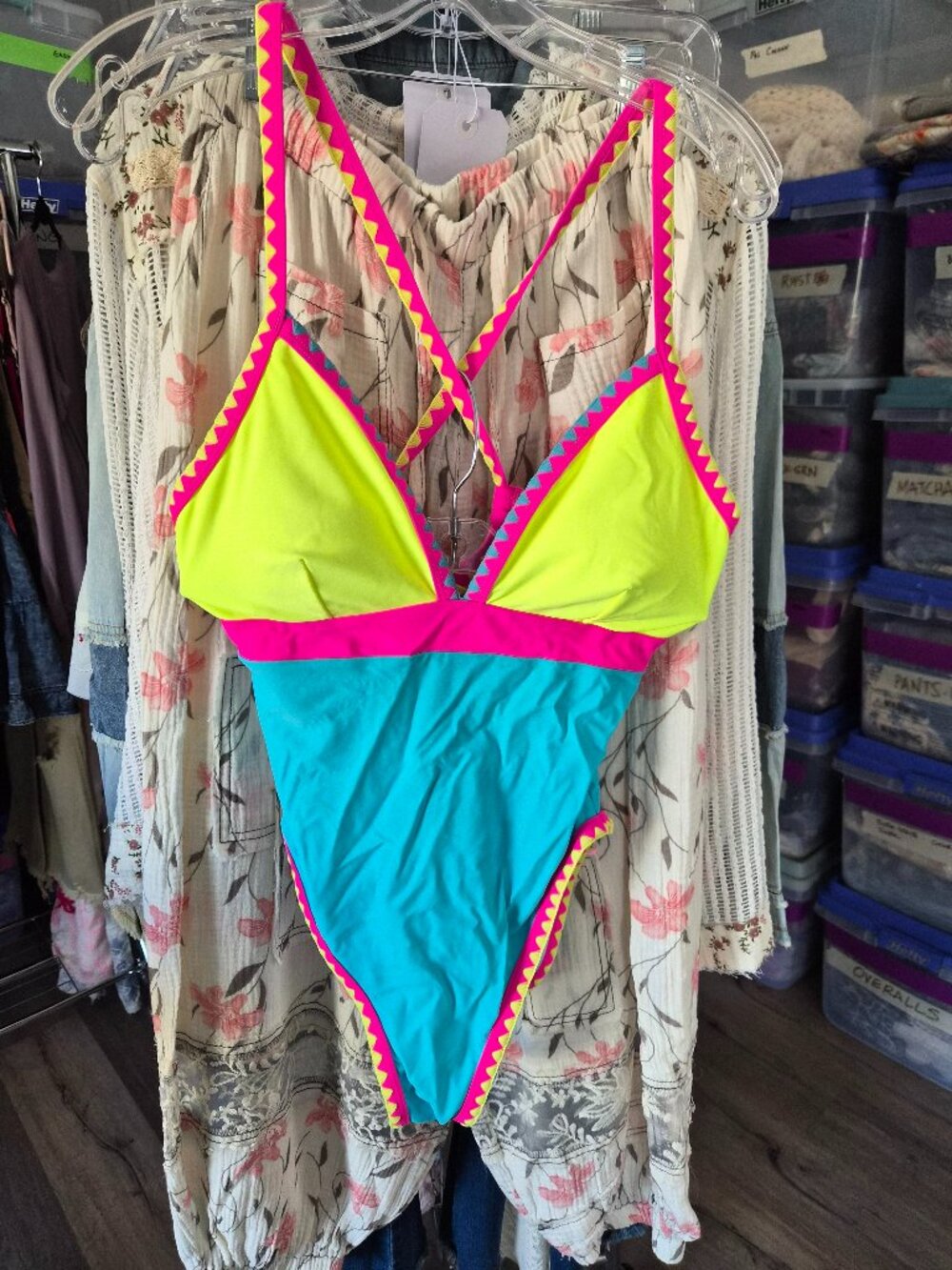 Neon Super Colorful One Piece Criss Cross Swimsuit M NWT
